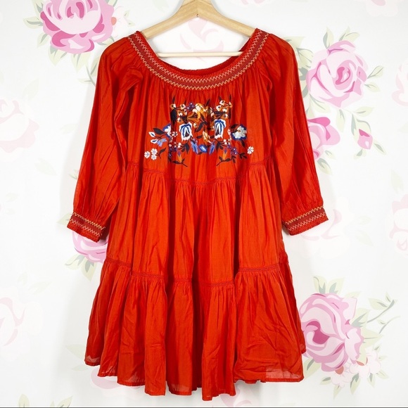 Free People Dresses & Skirts - NEW Free People Sunbeam Red Floral Embroidered Off The Shoulder Mini Dress S